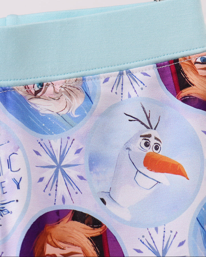 Blue pajama shorts waistband with light blue trim and snowman face print
