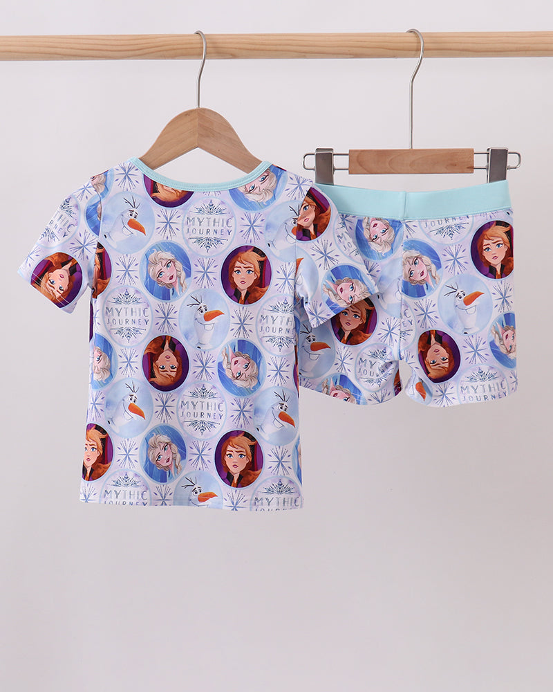 Blue character bamboo pajama set with all-over character print top and shorts