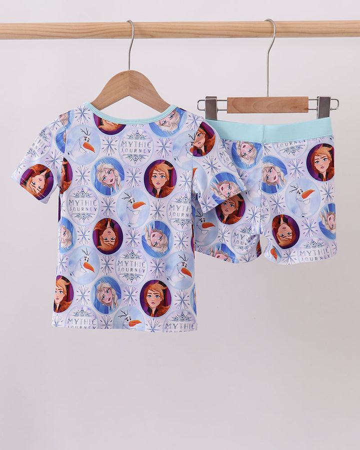 Blue character bamboo pajama set with all-over character print top and shorts