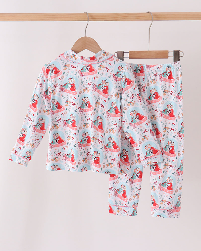 Kids pajama set on hanger: long-sleeve button shirt and elastic-waist pants, light blue print