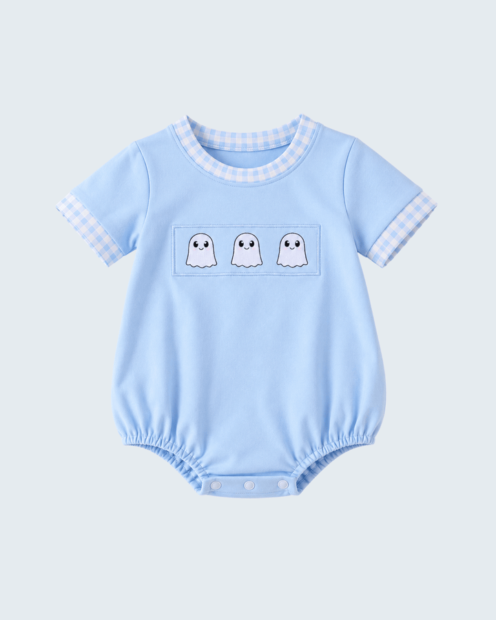 Light blue bubble romper with three ghost face patches on square front pocket