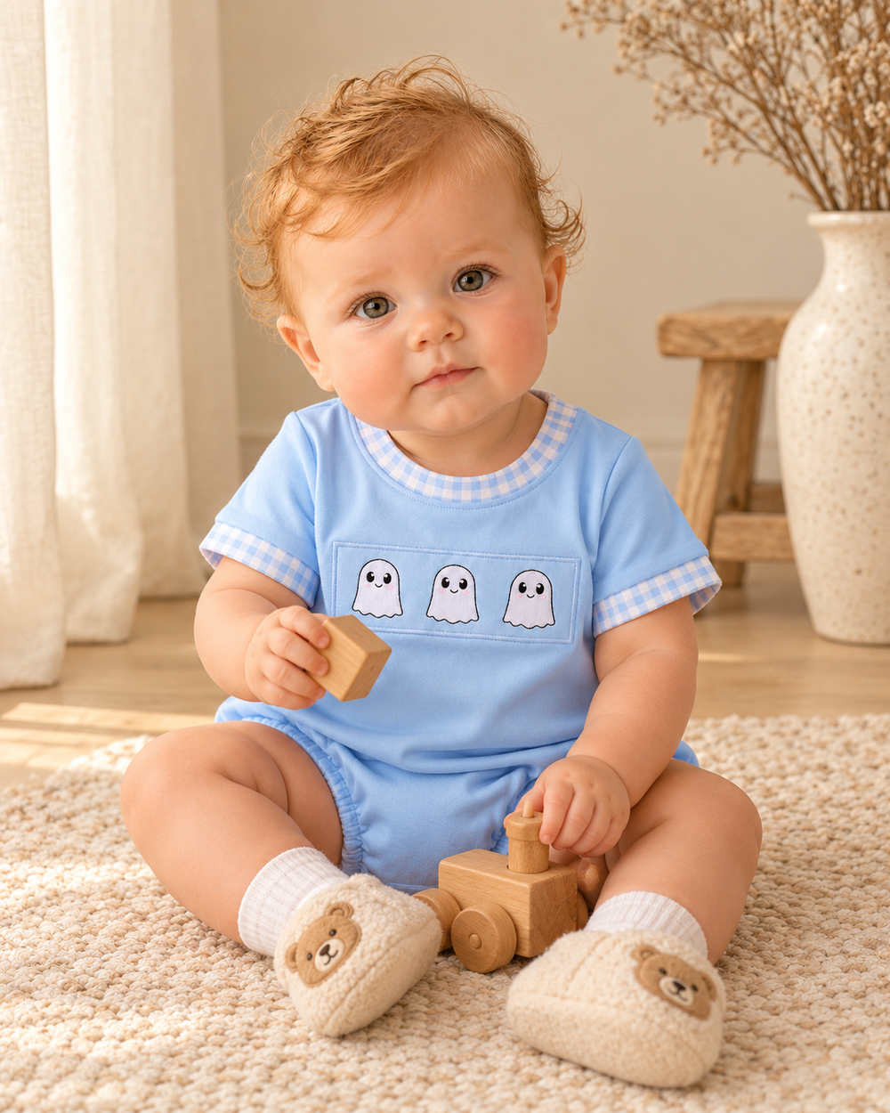Light blue ghost applique bubble romper on seated baby with gingham sleeve cuffs