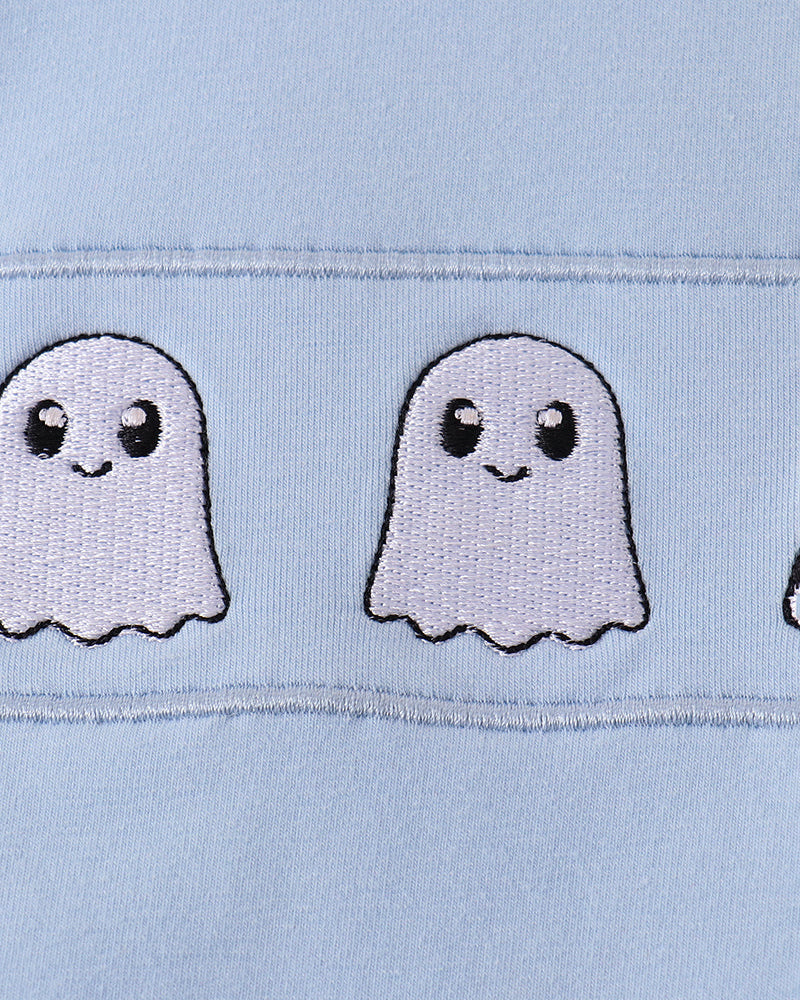 Light blue embroidered gingham ghost applique bubble romper, close-up front panel