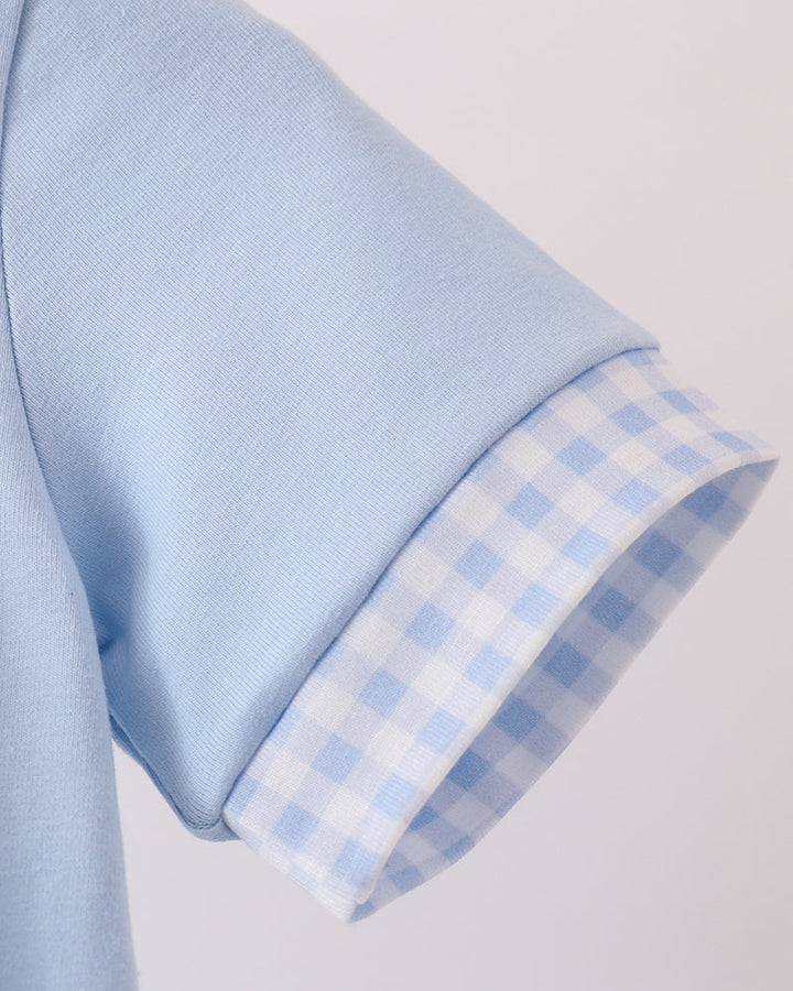 Light blue bubble romper sleeve with light blue gingham cuff trim