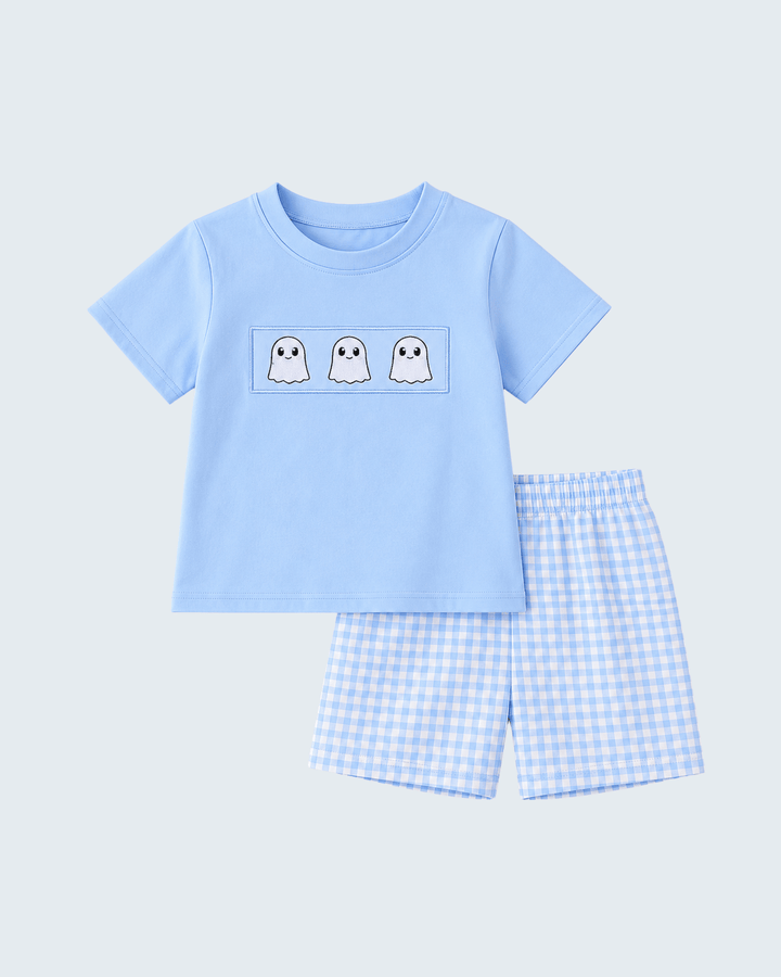 Light blue T-shirt with ghost graphic patch and matching gingham shorts