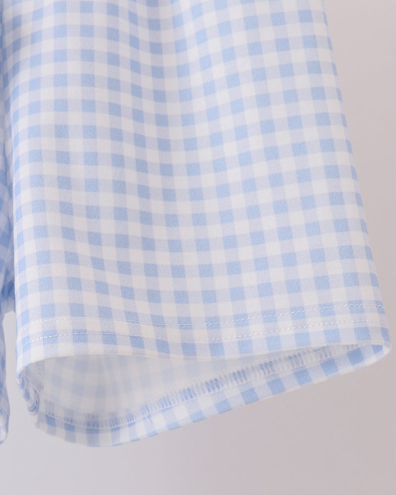 Light blue gingham shorts with elastic hem and stitched edge