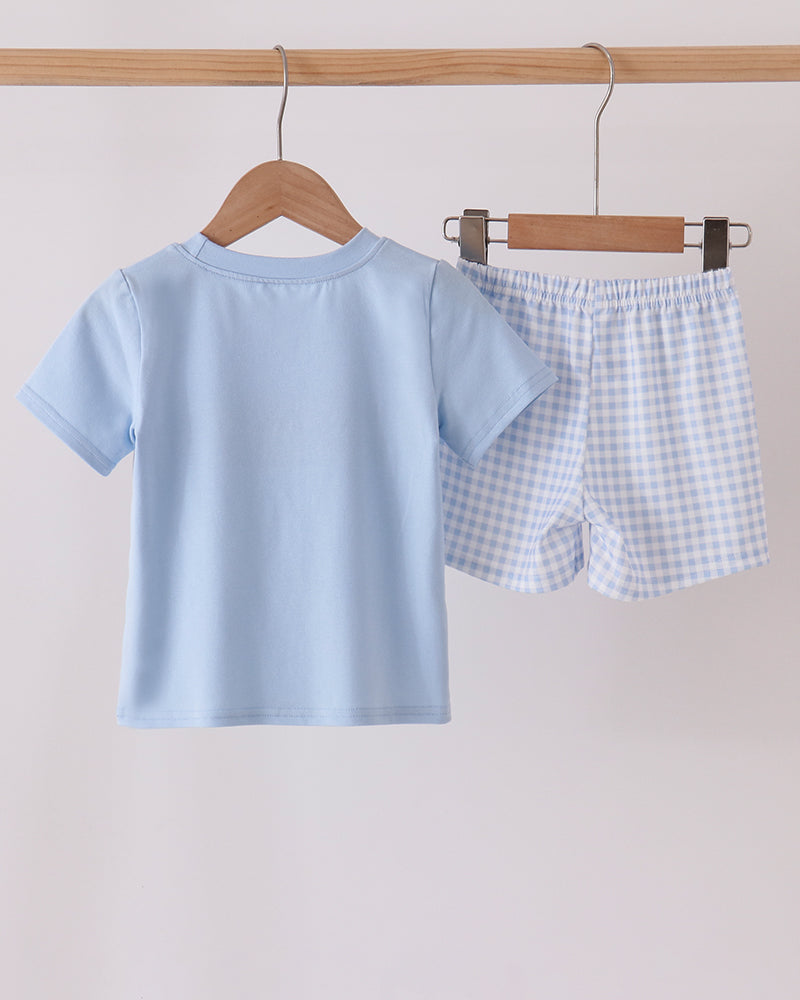 Light blue short-sleeve T-shirt and blue gingham shorts set