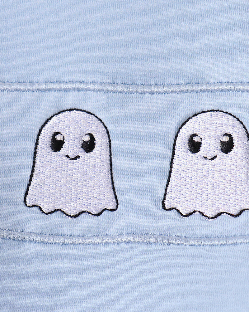 Light blue shorts with cute ghost face embroidery on waistband