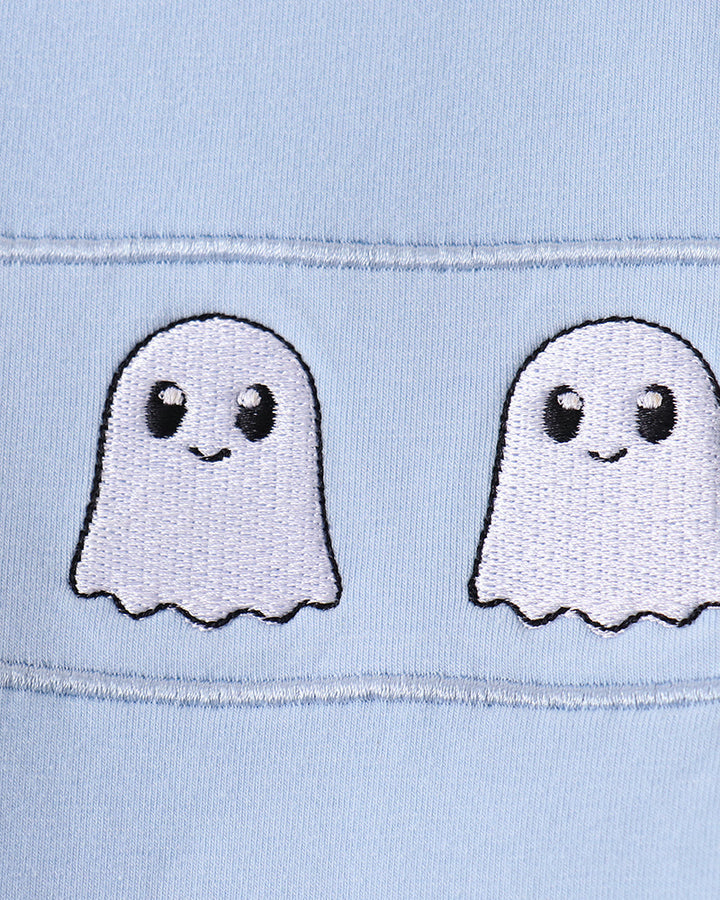 Light blue shorts with cute ghost face embroidery on waistband