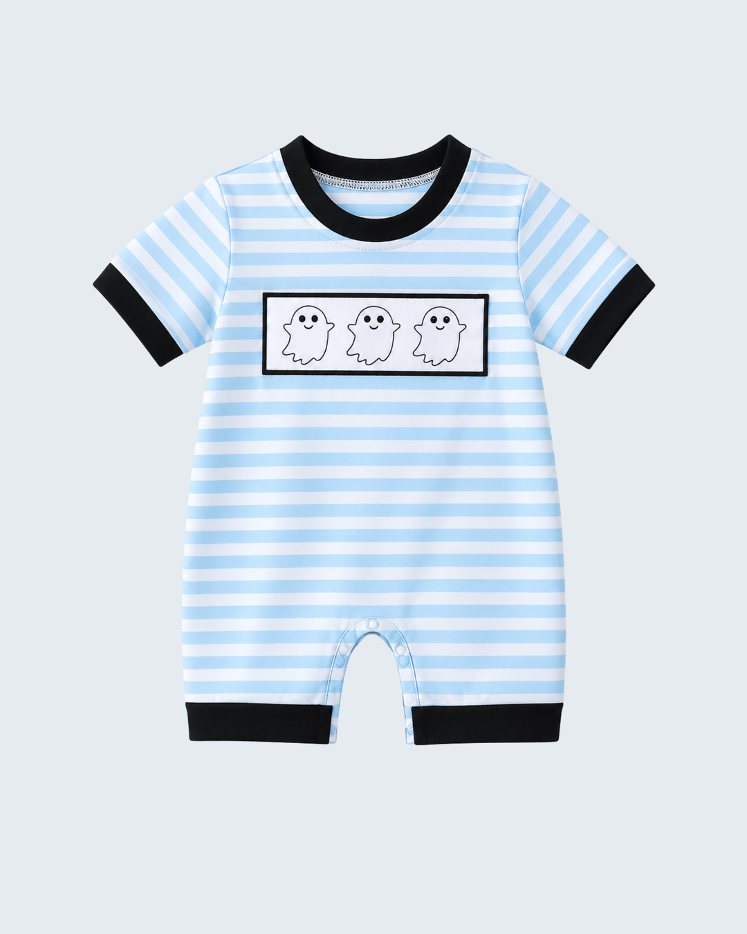 Light blue striped romper with ghost graphic patch and black trim