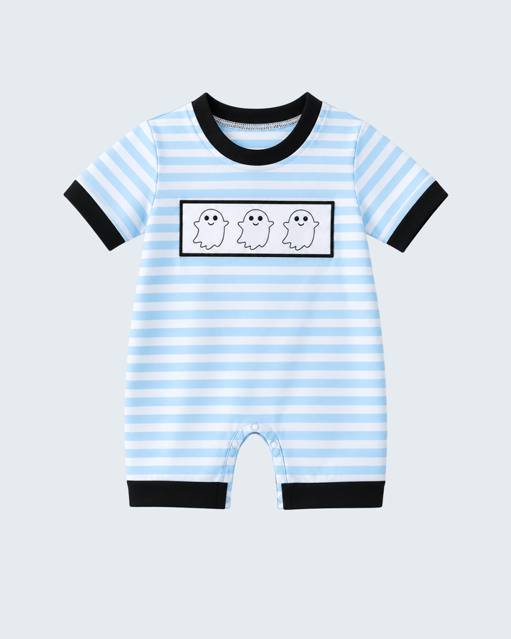 Light blue striped romper with ghost graphic patch and black trim