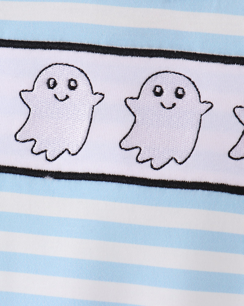 Light blue striped romper with embroidered ghost faces on chest