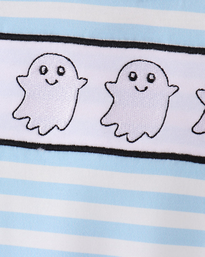 Light blue striped romper with embroidered ghost faces on chest