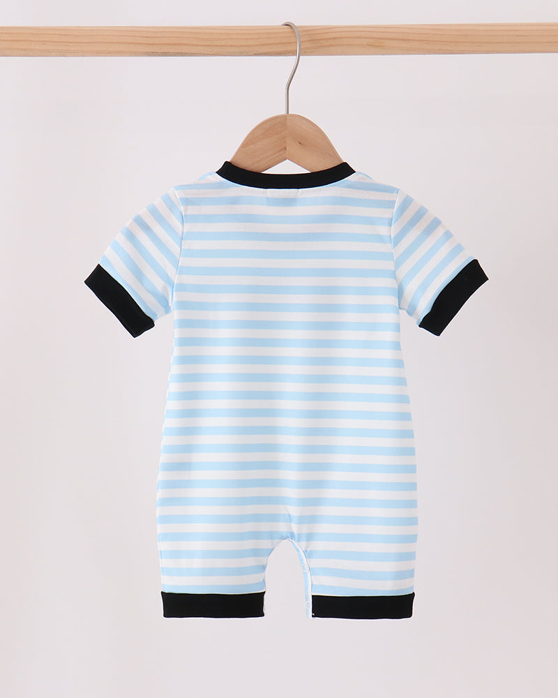 Light blue striped short romper with black collar and leg cuffs