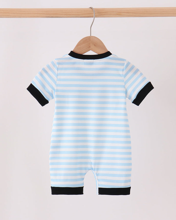 Light blue striped short romper with black collar and leg cuffs