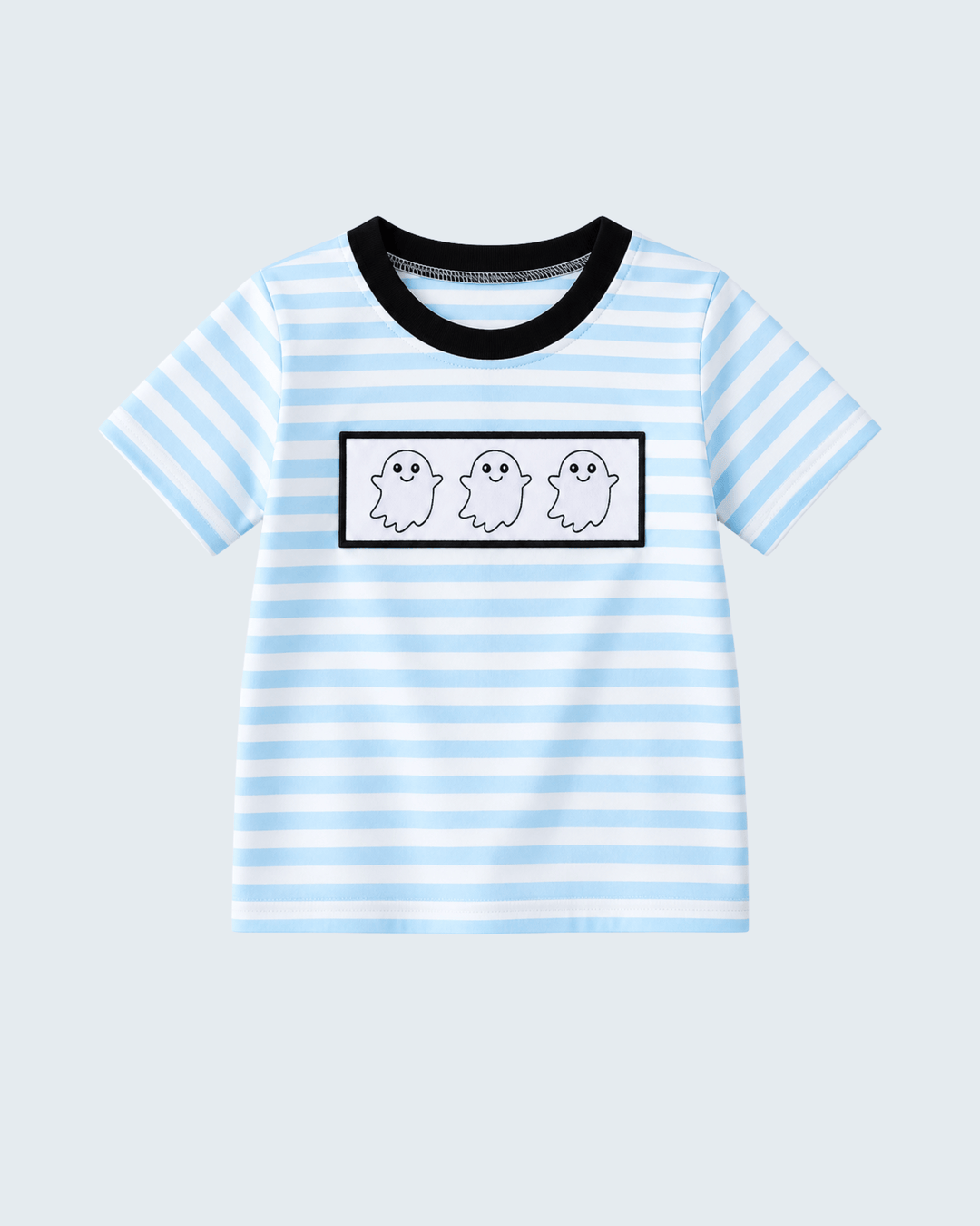 Light blue striped top with black collar and framed ghost embroidery