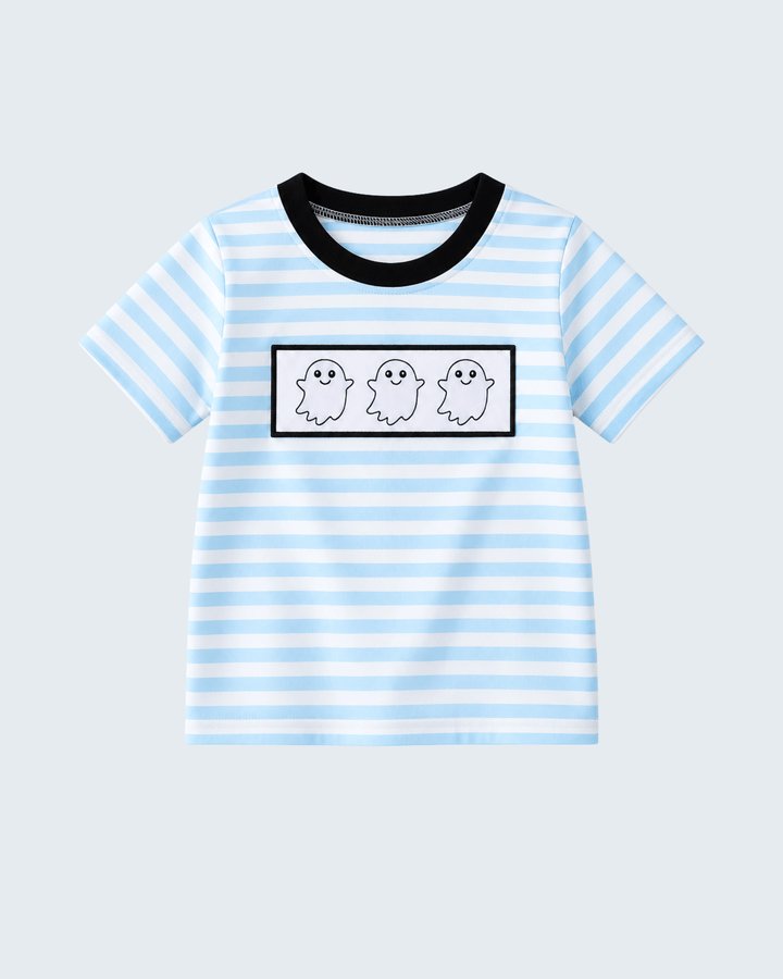 Light blue striped top with black collar and framed ghost embroidery