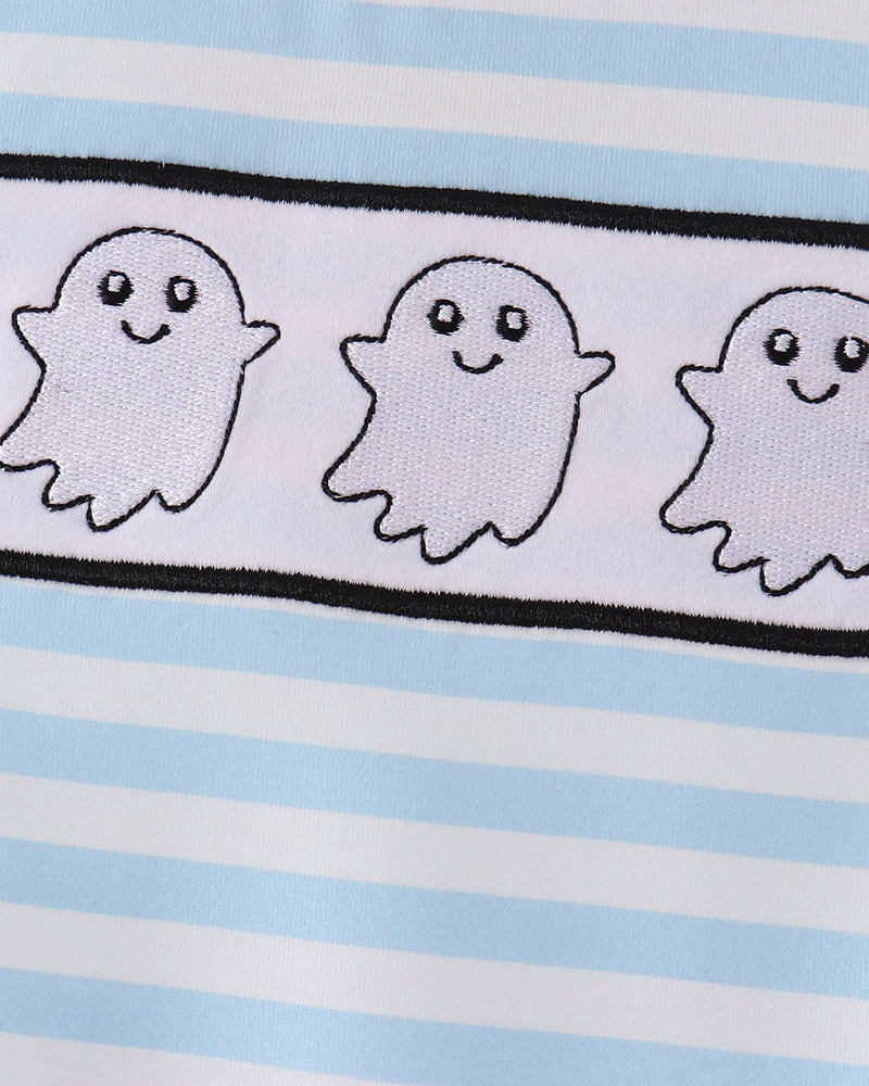 Light blue striped top with embroidered ghost faces panel
