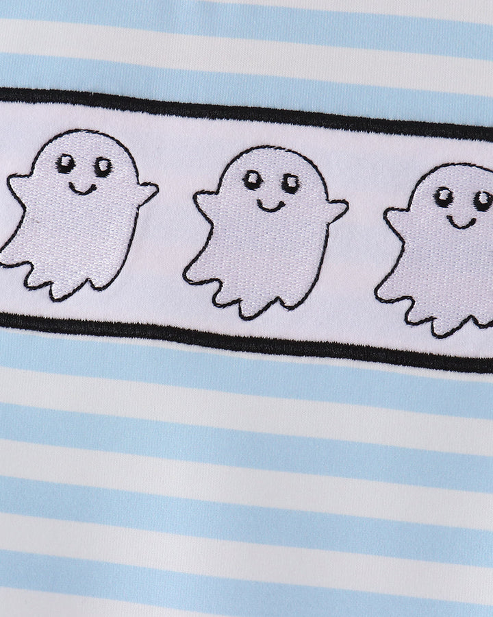 Light blue striped top with embroidered ghost faces panel