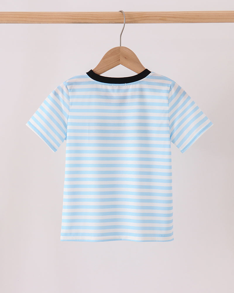 Light blue striped top with black-trimmed round neckline