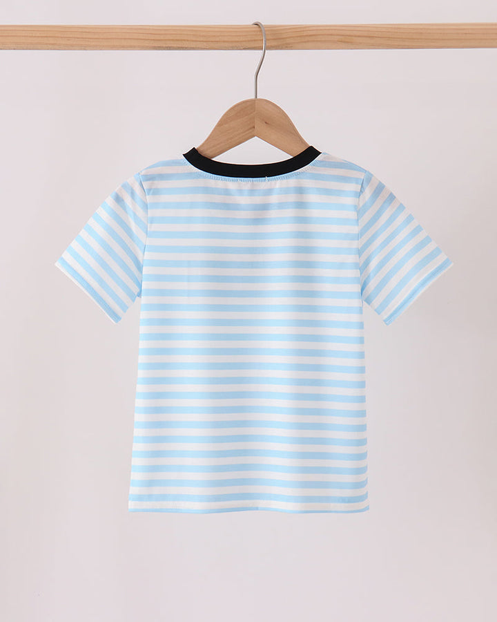 Light blue striped top with black-trimmed round neckline