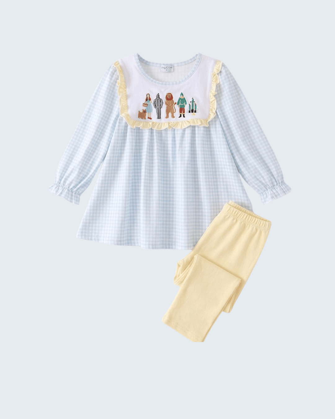 Blue Gingham Embroidered Pants Set