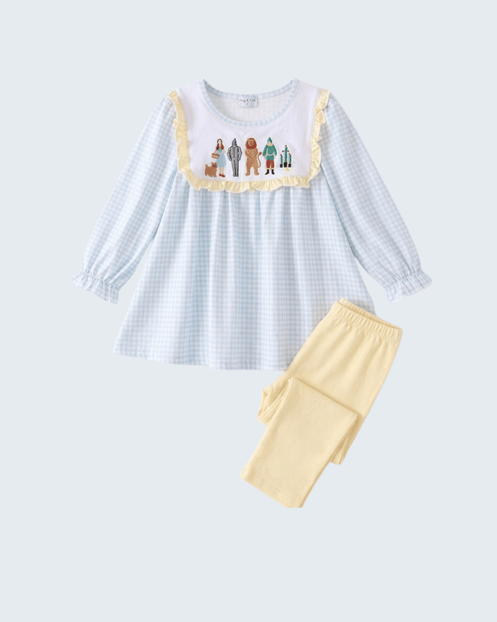 Blue Gingham Embroidered Pants Set