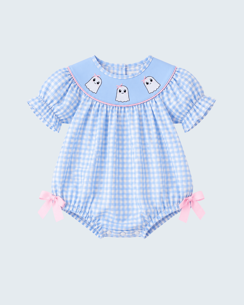 Light blue gingham bubble romper with embroidered ghosts, scalloped collar, and pink bows.