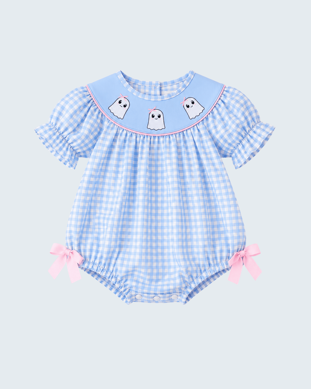 Light blue gingham bubble romper with embroidered ghosts, scalloped collar, and pink bows.