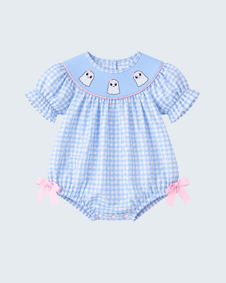 Light blue gingham bubble romper with embroidered ghosts, scalloped collar, and pink bows.