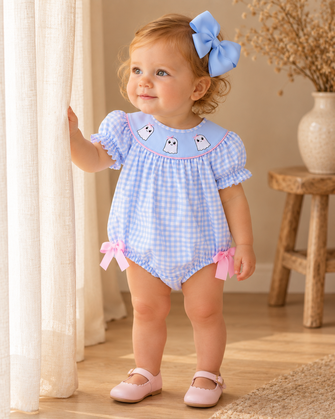 Blue gingham ghost romper on a toddler with pink bows and flutter sleeves.