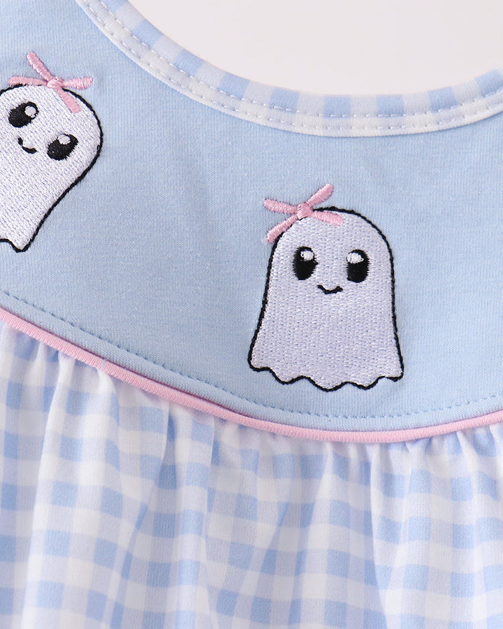 Blue gingham bubble romper with embroidered ghost applique on light blue yoke.