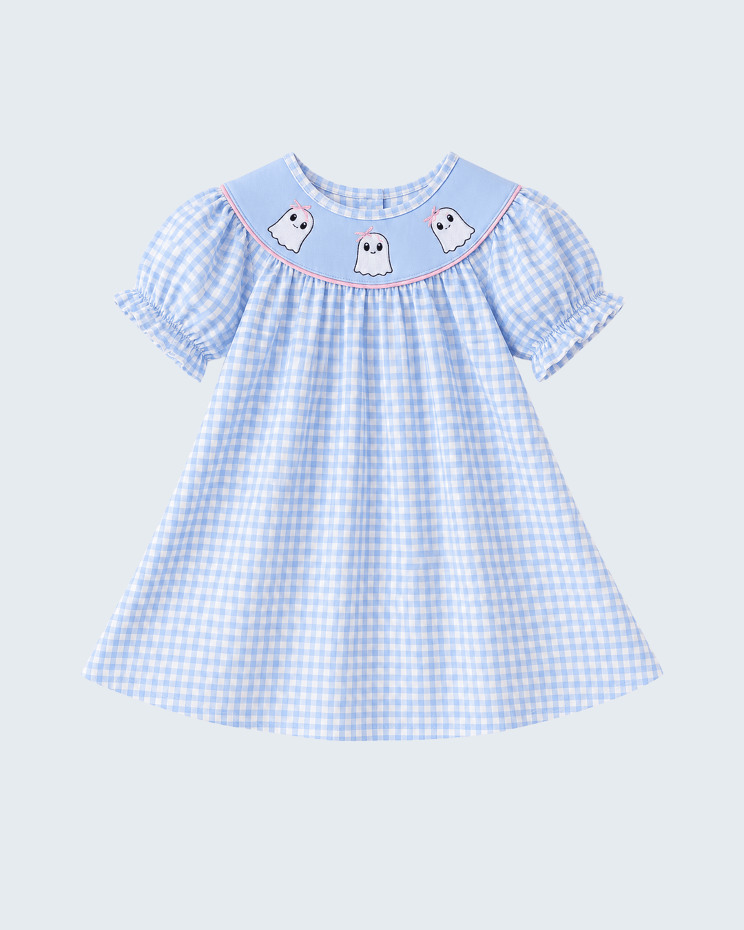 Light blue gingham dress with ghost face embroidery across the yoke and short sleeves