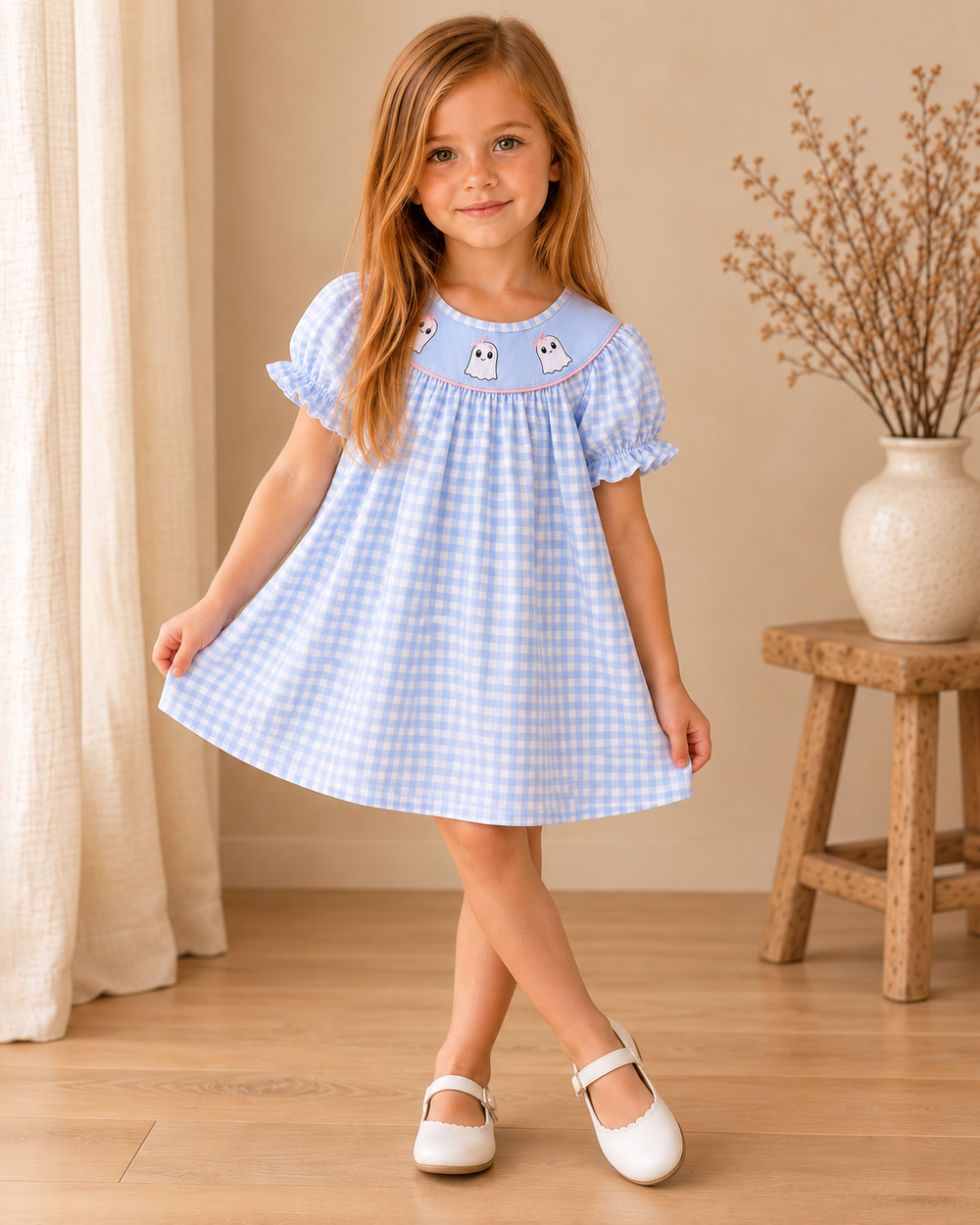 Light blue gingham dress with embroidered ghost yoke, ruffled sleeves, and pink trim