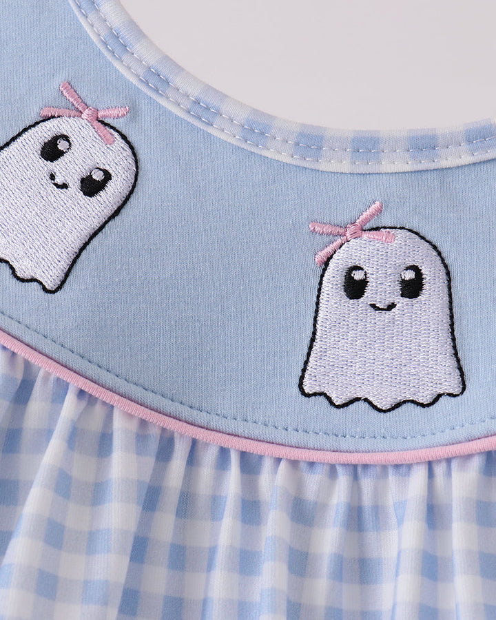 Light blue gingham dress with embroidered ghost appliques at rounded Peter Pan collar