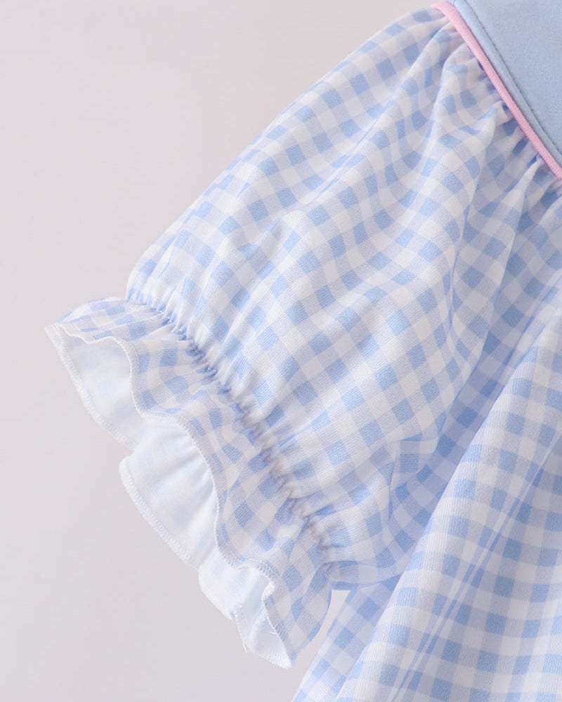 Light blue gingham dress with gathered ruffled sleeve and pink-trimmed edge