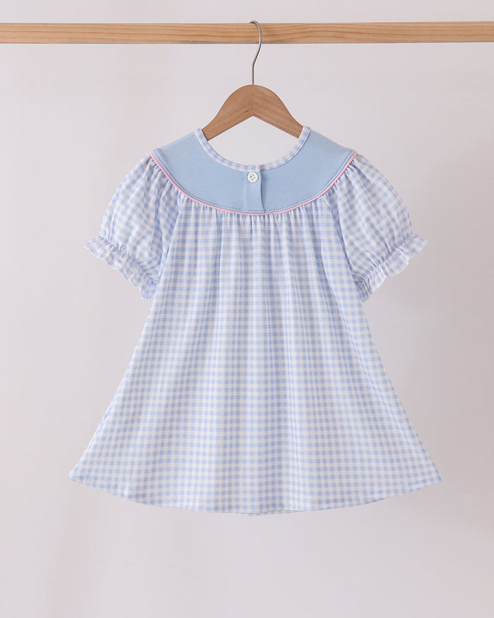 Light blue gingham dress with flutter sleeves and pink-trimmed Peter Pan collar