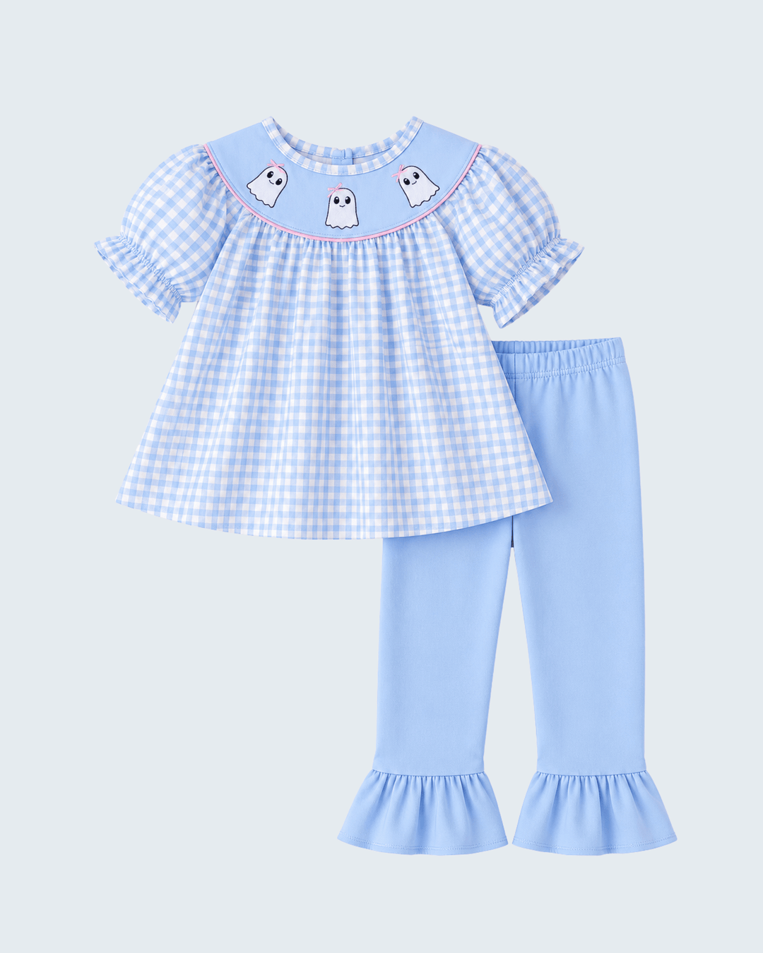 Blue gingham top and light blue ruffle bell pants set with ghost applique