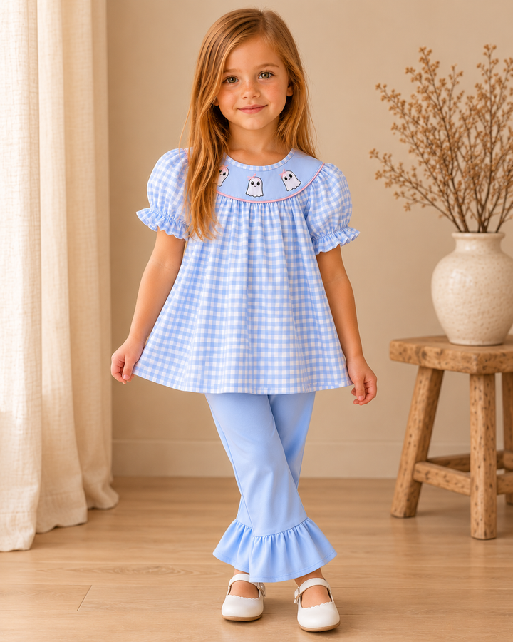 Girls blue gingham top with ghost embroidery and light blue ruffle bell pants