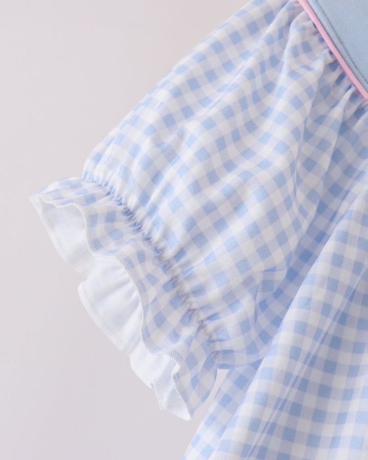 Blue gingham ruffle sleeve with elastic cuff