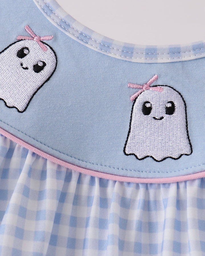 Blue gingham top with ghost embroidery Peter Pan collar