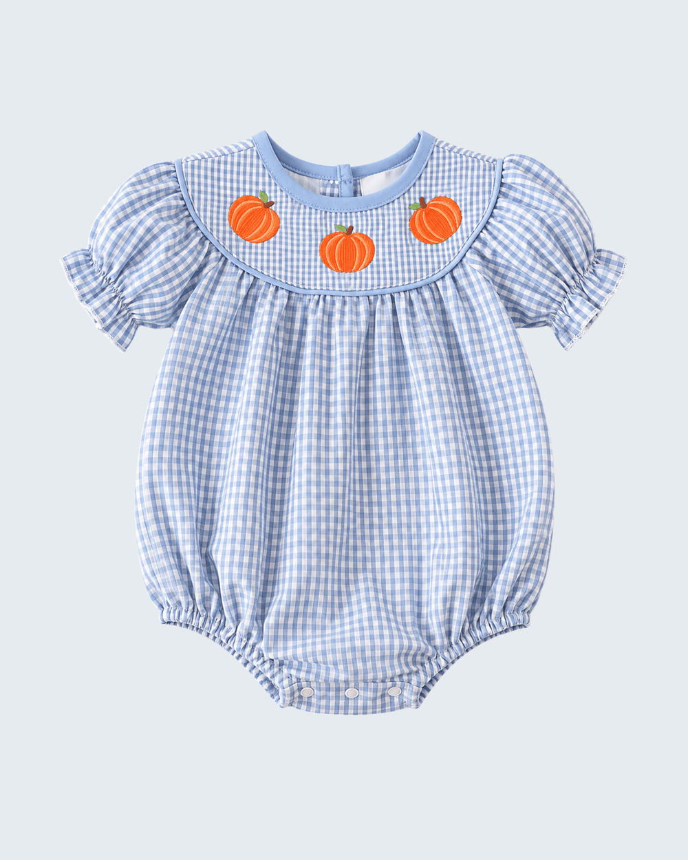Light blue gingham bubble romper with orange pumpkin accents on the yoke