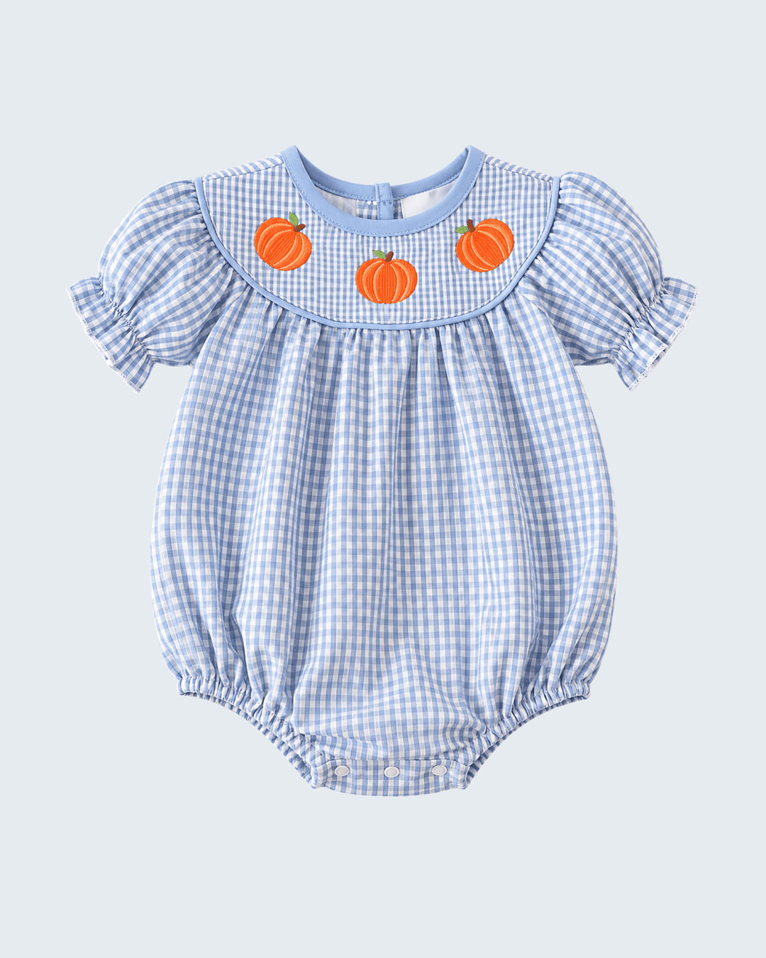 Light blue gingham bubble romper with orange pumpkin accents on the yoke