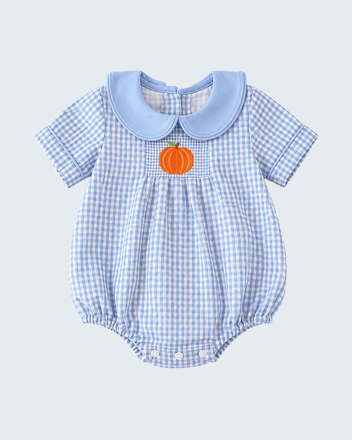 Light blue gingham bubble romper front with orange pumpkin badge and blue collar