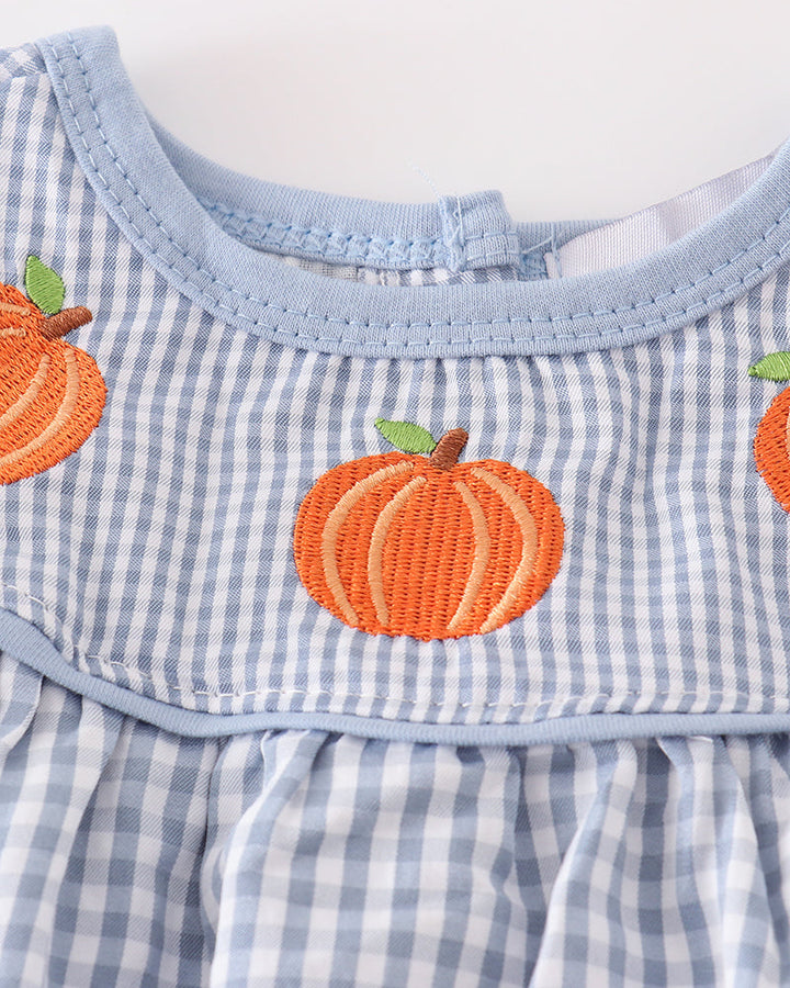 Light blue gingham bubble romper with orange pumpkin embroidery on the front