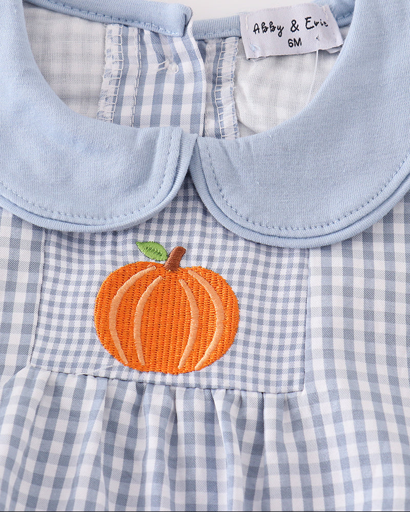 Light blue gingham bubble romper with orange pumpkin embroidery and scalloped blue collar