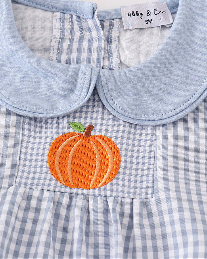 Light blue gingham bubble romper with orange pumpkin embroidery and scalloped blue collar