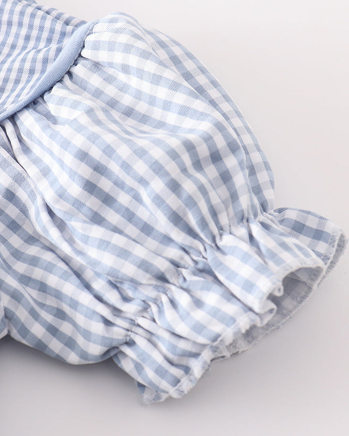 Light blue gingham bubble romper sleeve with gathered ruffle cuff
