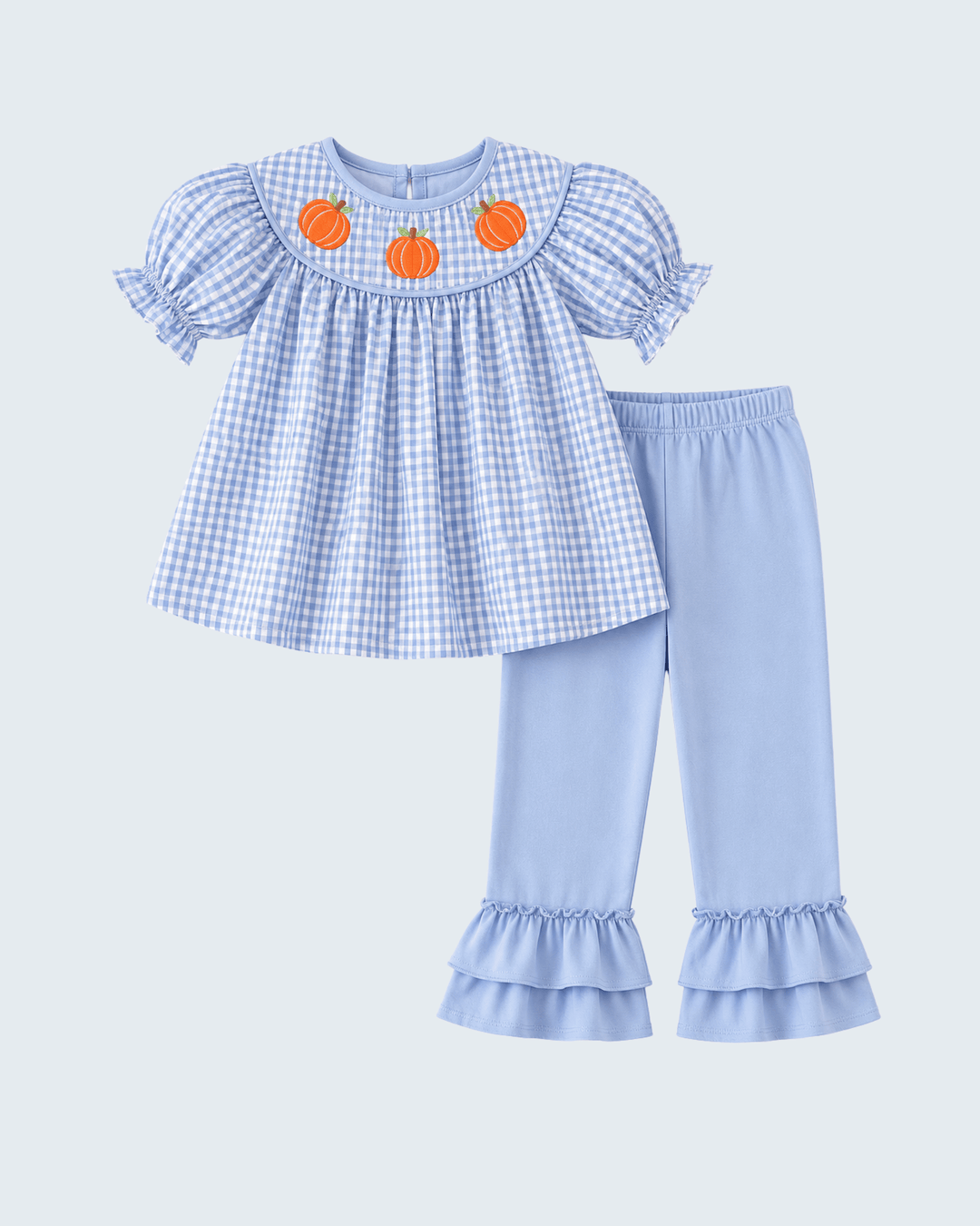 Blue gingham ruffle top with orange pumpkin appliques and light blue ruffle pants