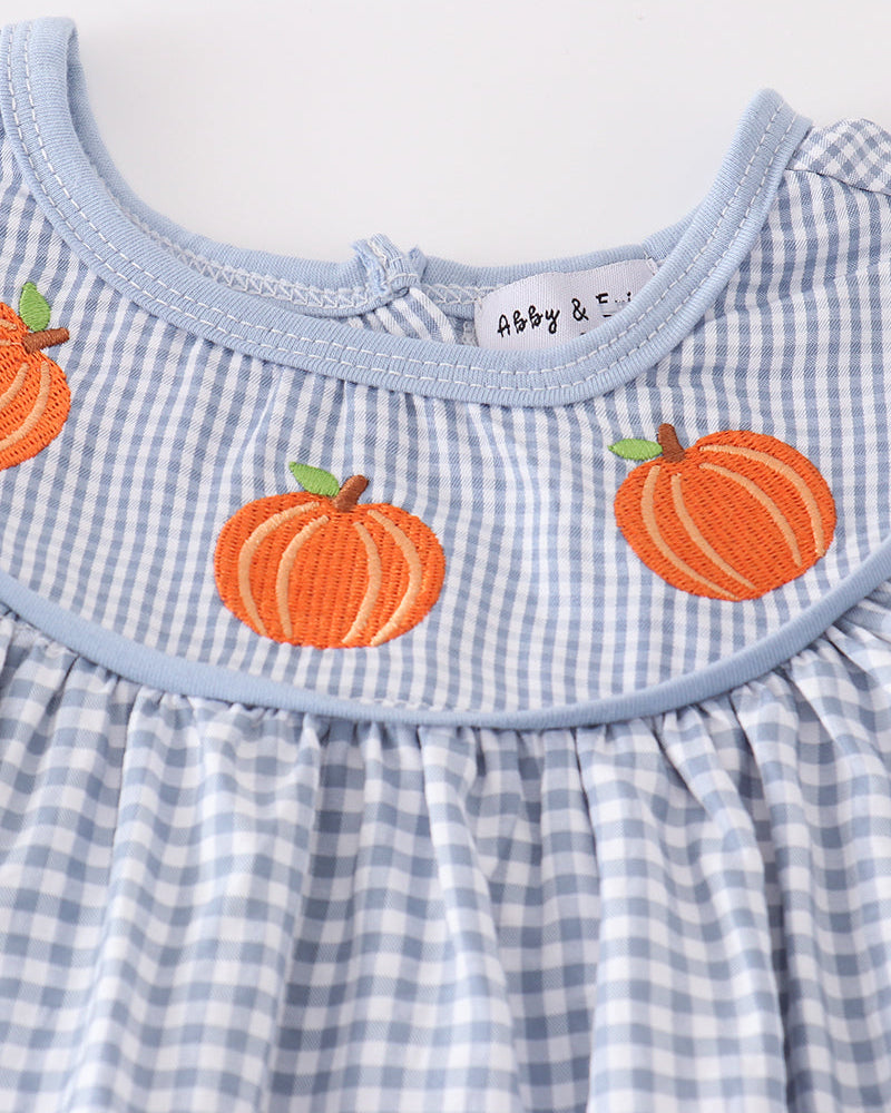 Blue gingham ruffle shirt with orange pumpkin embroidery